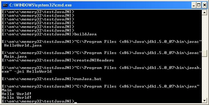 Command prompt building and testing JNI interface